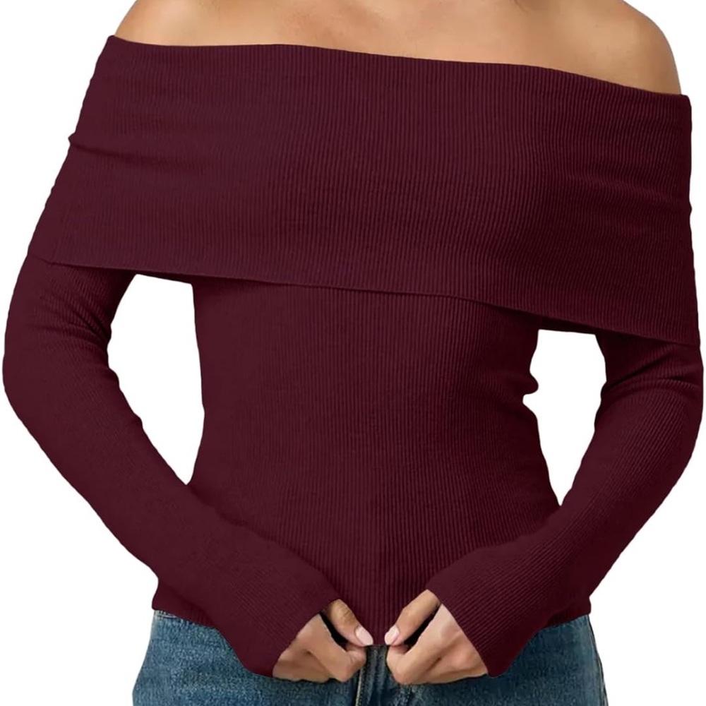Wine Burgundy Off The Shoulder Sweater